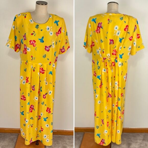 VTG 90s JD Stone Womens 18W Yellow Bright Floral Short Sleeve Midi Dress FLAWED - Picture 1 of 9